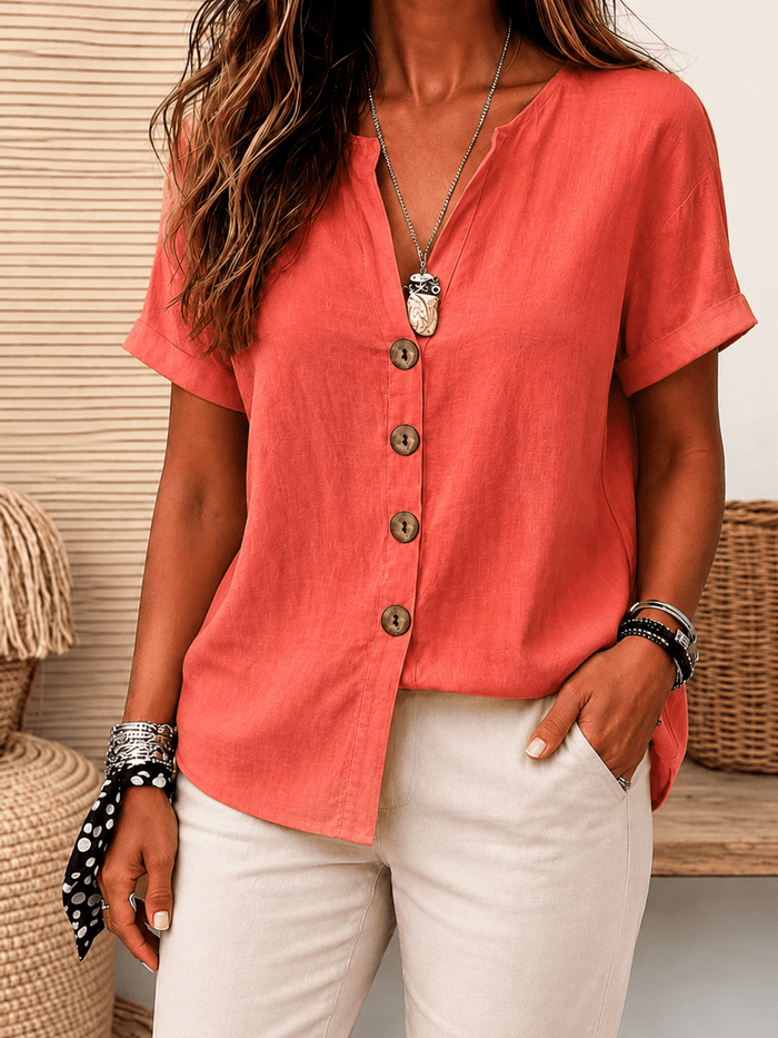 ELARA cotton-linen V-neck blouse