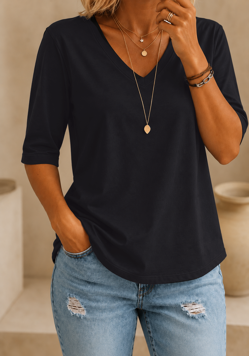 Calvera | Essential Comfort Tee V-Neck Petite